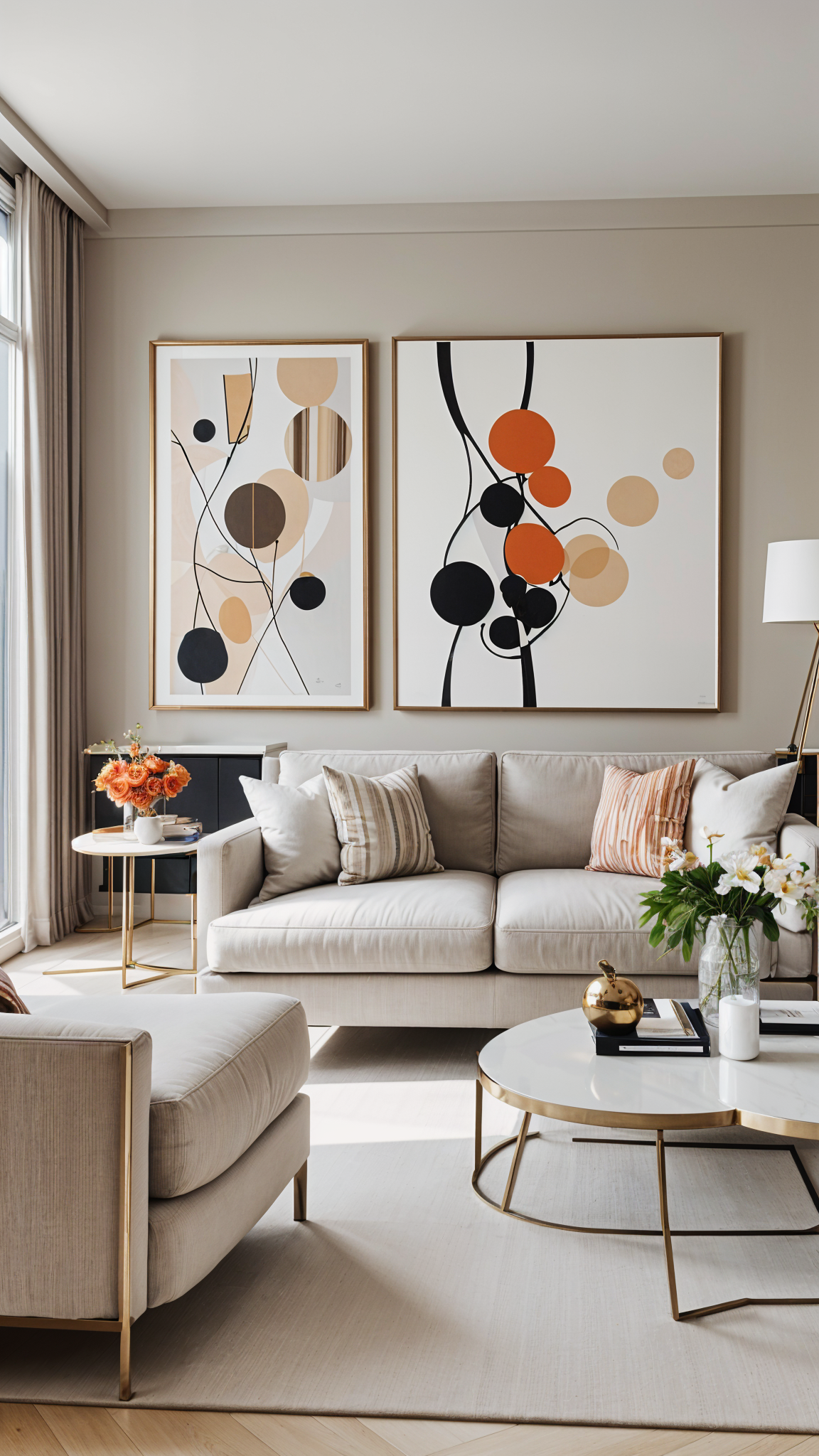 Contemporary living room with a couch, paintings, and flowers