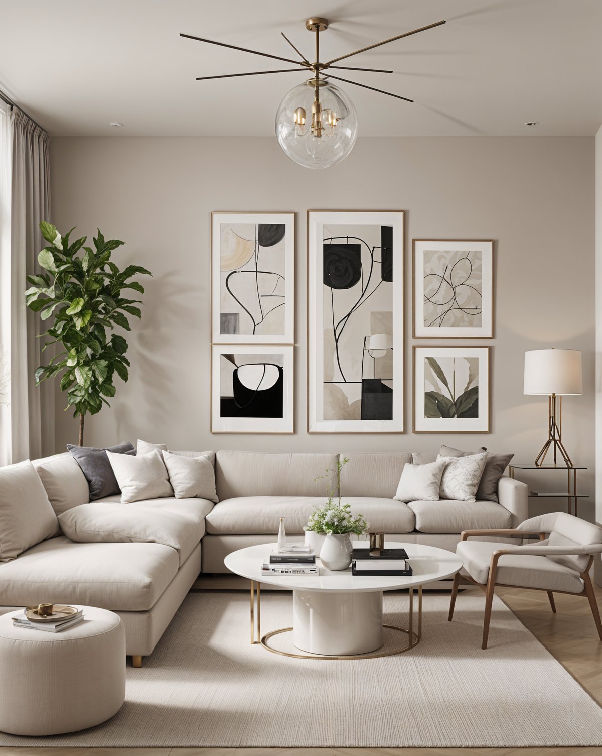 A modern living room with a large white couch, a round coffee table, and three pictures on the wall. The room is decorated with contemporary art and features a large window that lets in plenty of natural light.