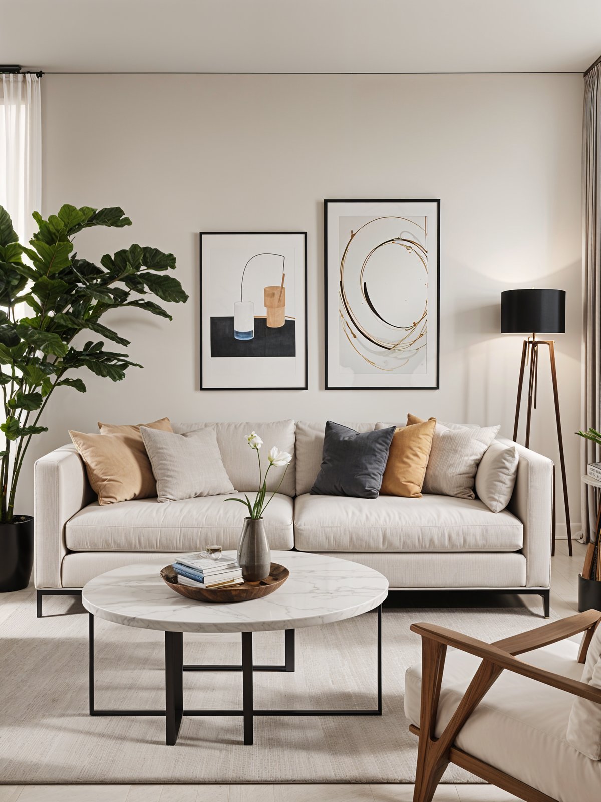 A living room with a white couch, a coffee table, and two pictures on the wall. The room is decorated with a potted plant and a vase of flowers.