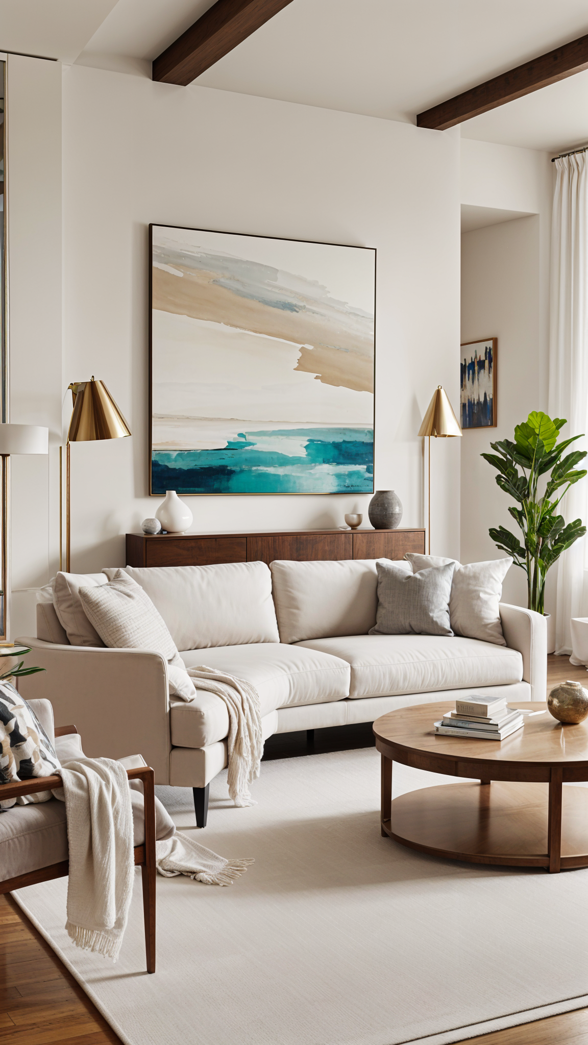 A living room with a white couch, a large painting on the wall, a coffee table, and a potted plant.