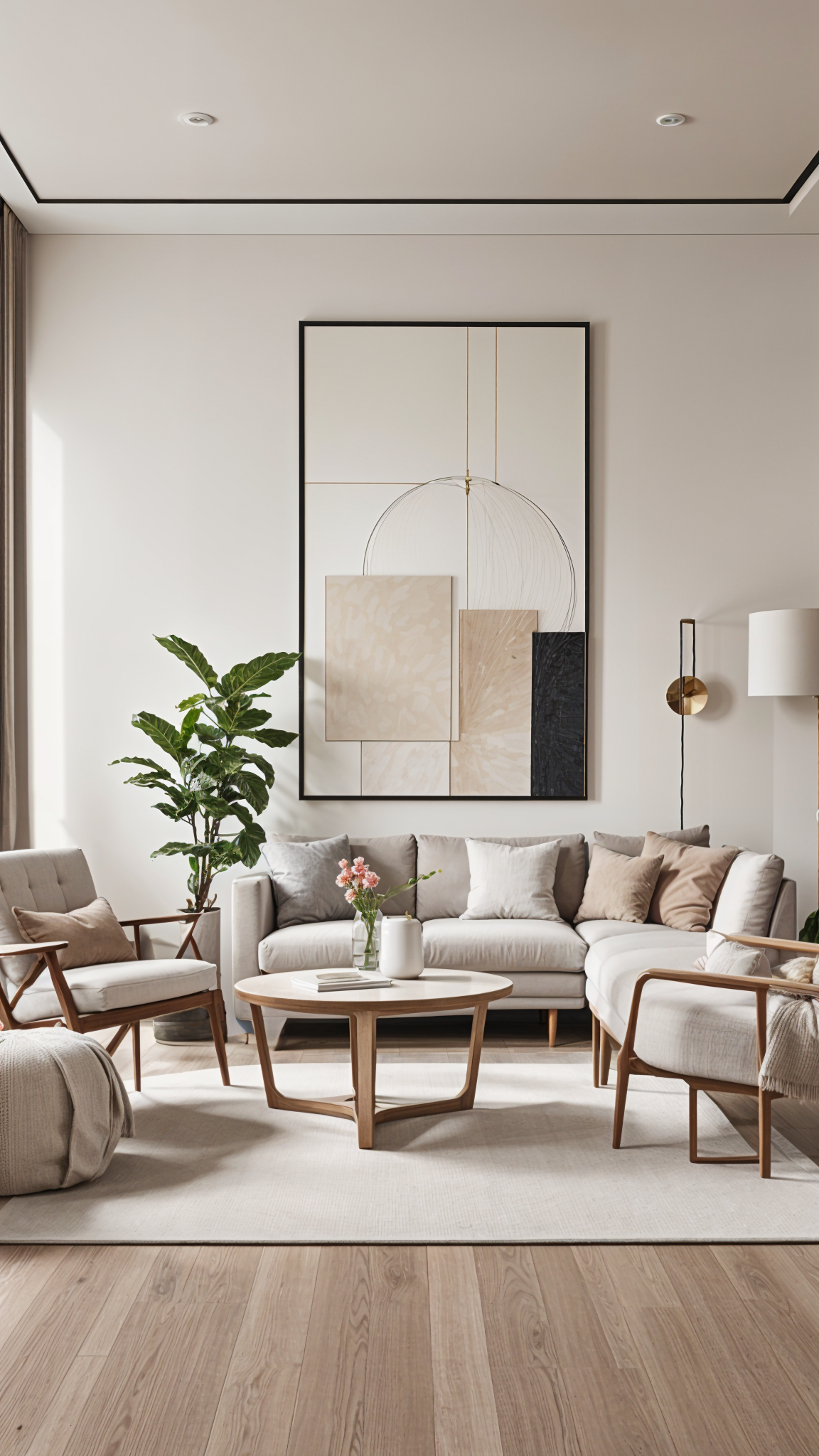 A contemporary living room with a white couch, a table, and a large painting on the wall. The room is decorated with a potted plant and a vase of flowers, creating a cozy and inviting atmosphere.