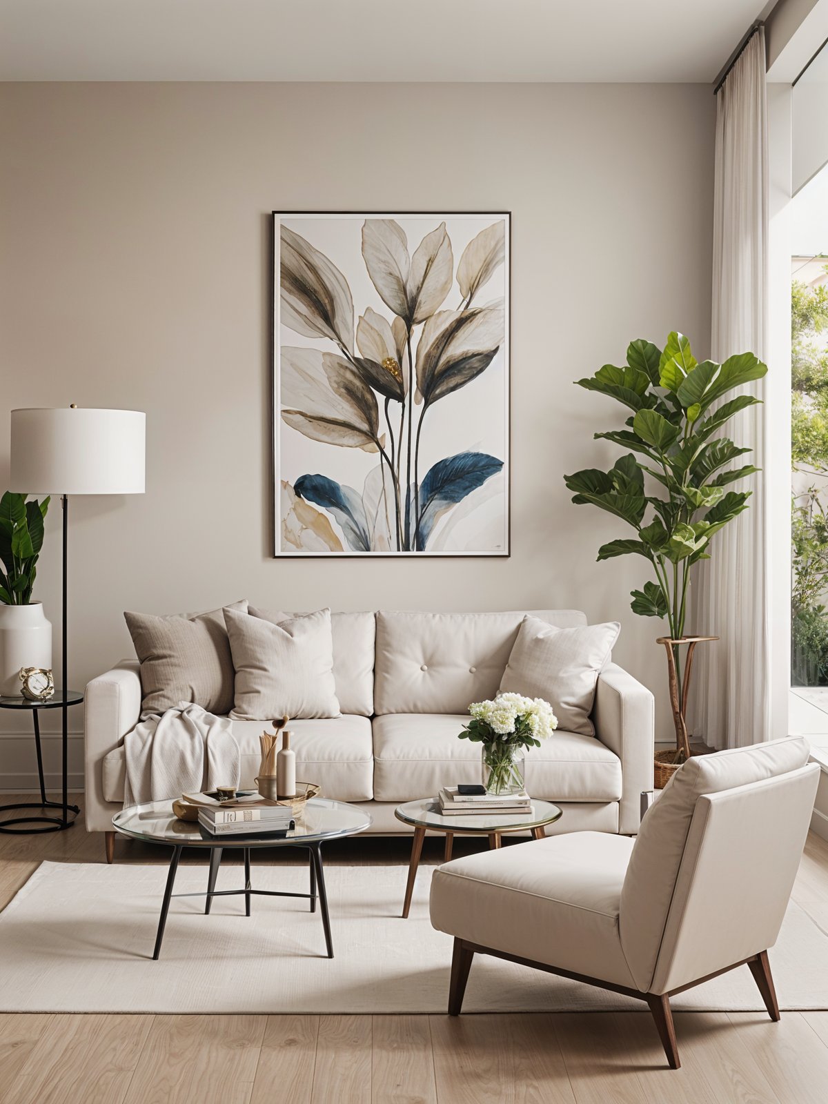 A contemporary living room with a white couch, a coffee table, a chair, a potted plant, and a painting of flowers on the wall.