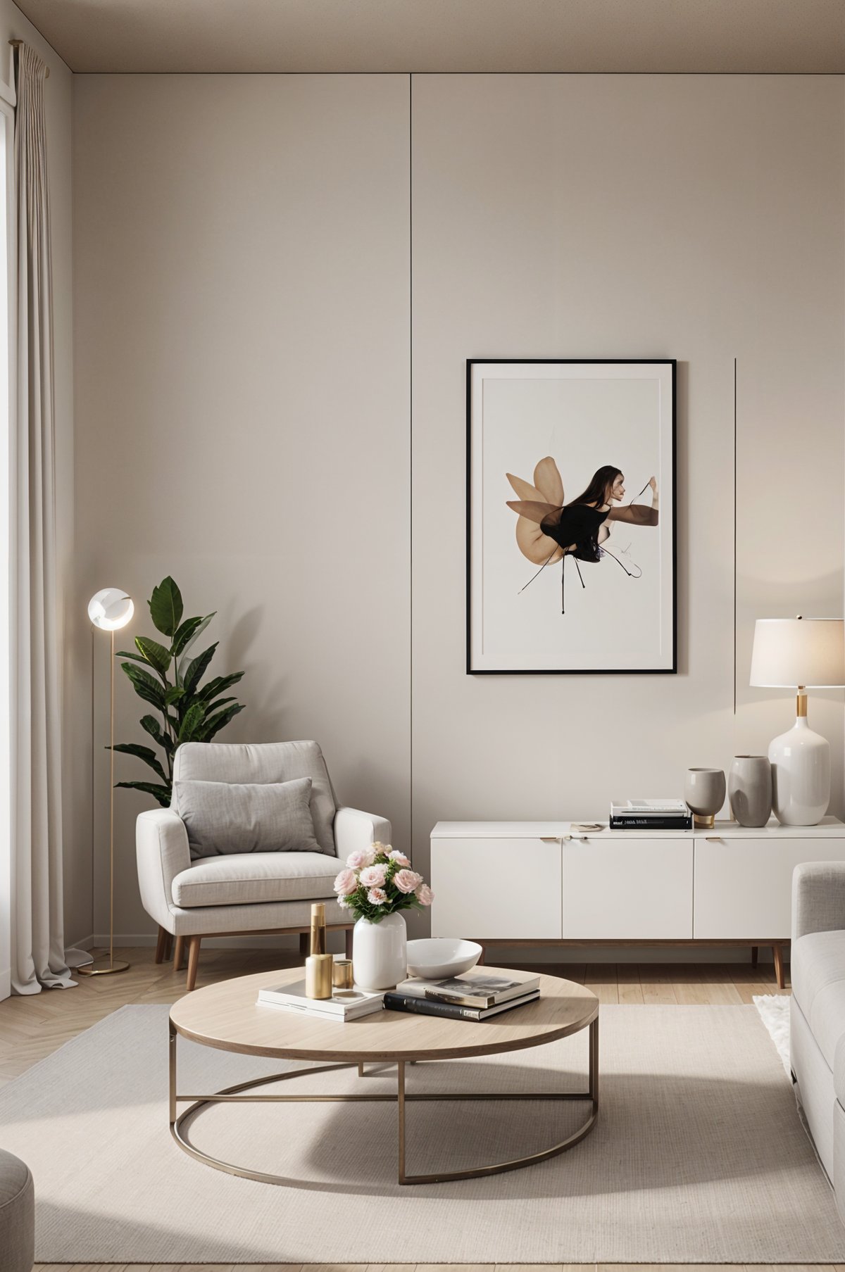 A contemporary living room with a white couch, a chair, a coffee table, a painting on the wall, a potted plant, and a vase of flowers.