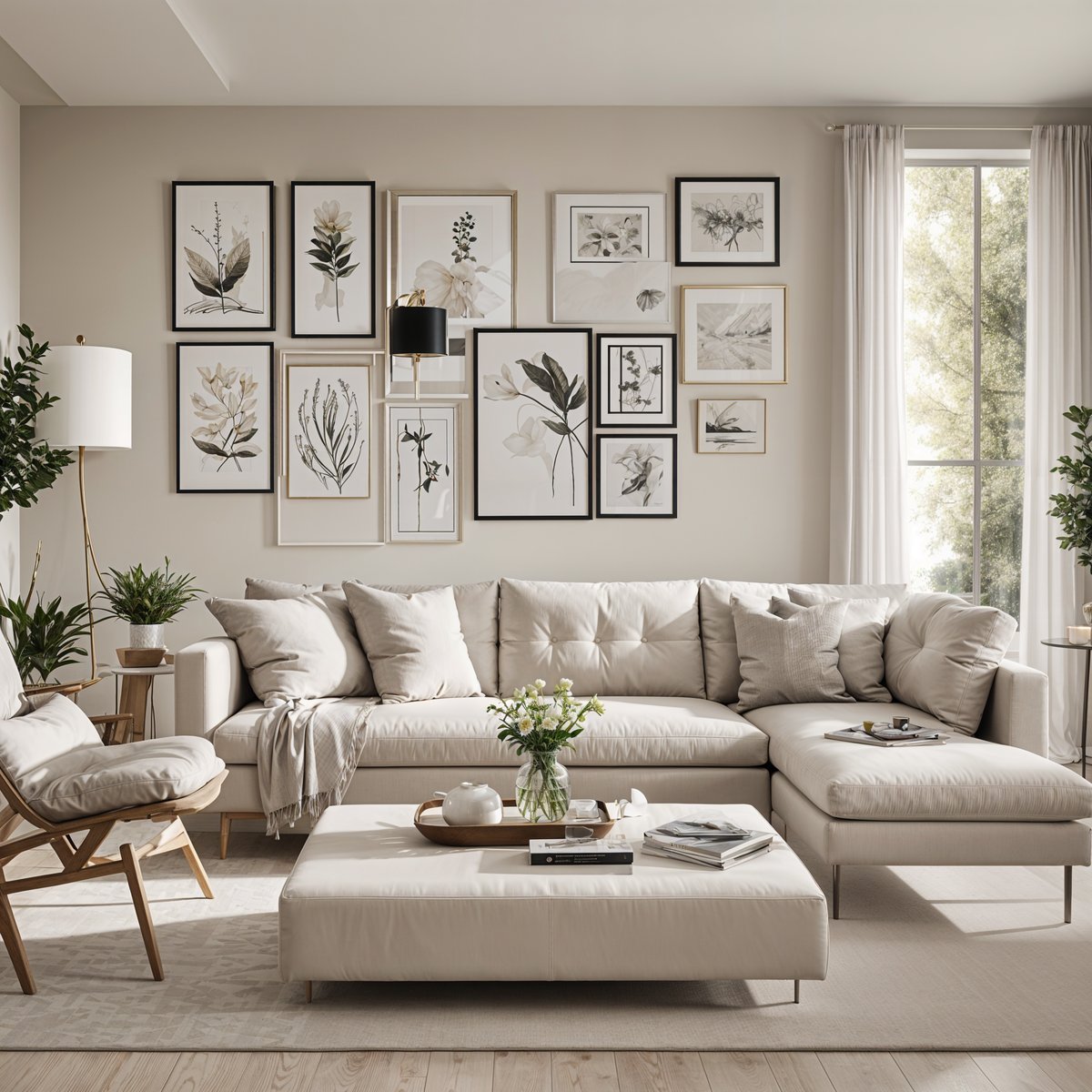 Contemporary living room with a white couch and chair, artwork on the wall, and a large window.