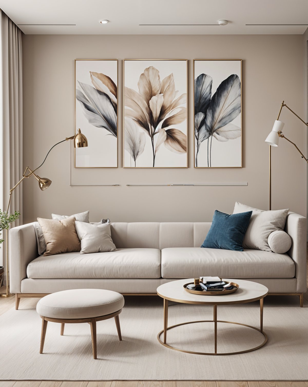 A contemporary living room with a white couch, round table, and pictures of flowers on the wall.