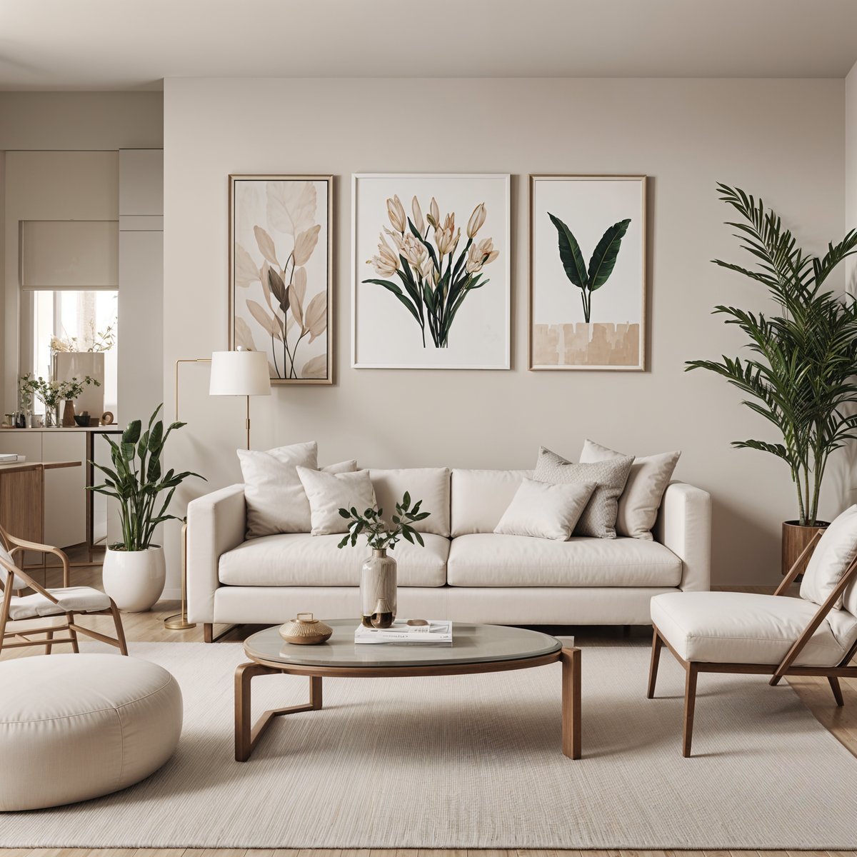 A living room with a white couch and a coffee table, surrounded by potted plants and artwork.