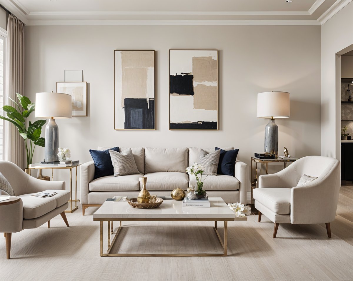 A contemporary living room with a white couch, two chairs, and a coffee table. The room is decorated with modern artwork and decorative items, creating a stylish and inviting atmosphere.