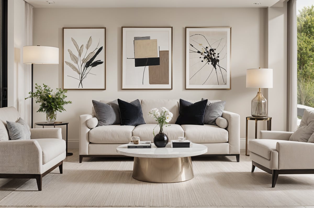 A contemporary living room with a couch, coffee table, and paintings on the wall.