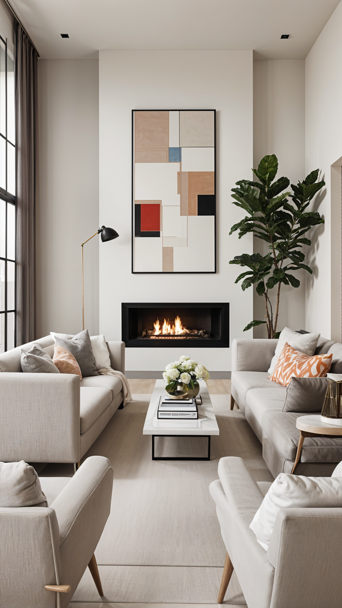 Contemporary living room with a fireplace and painting on the wall