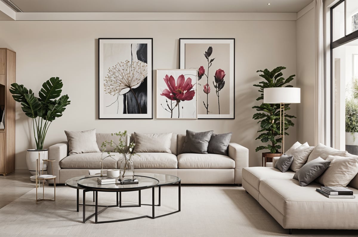 A contemporary living room with a large couch, coffee table, and three pictures on the wall. The room is decorated with plants and features a modern design style.