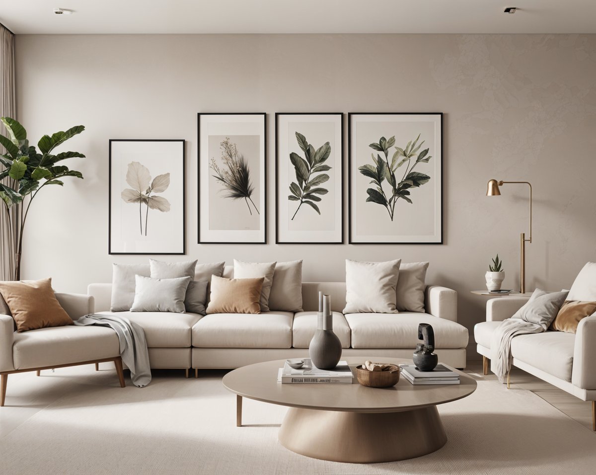 A contemporary living room with a large couch, round coffee table, and three pictures on the wall. The room is decorated with potted plants and vases, creating a cozy atmosphere.