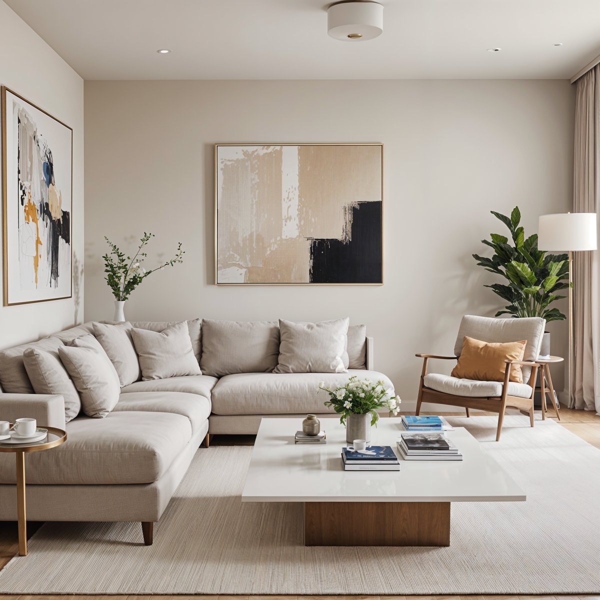 A contemporary living room with a large white couch, a coffee table, and a few decorative elements. The room is well-lit and features a large window that allows natural light to flood the space.