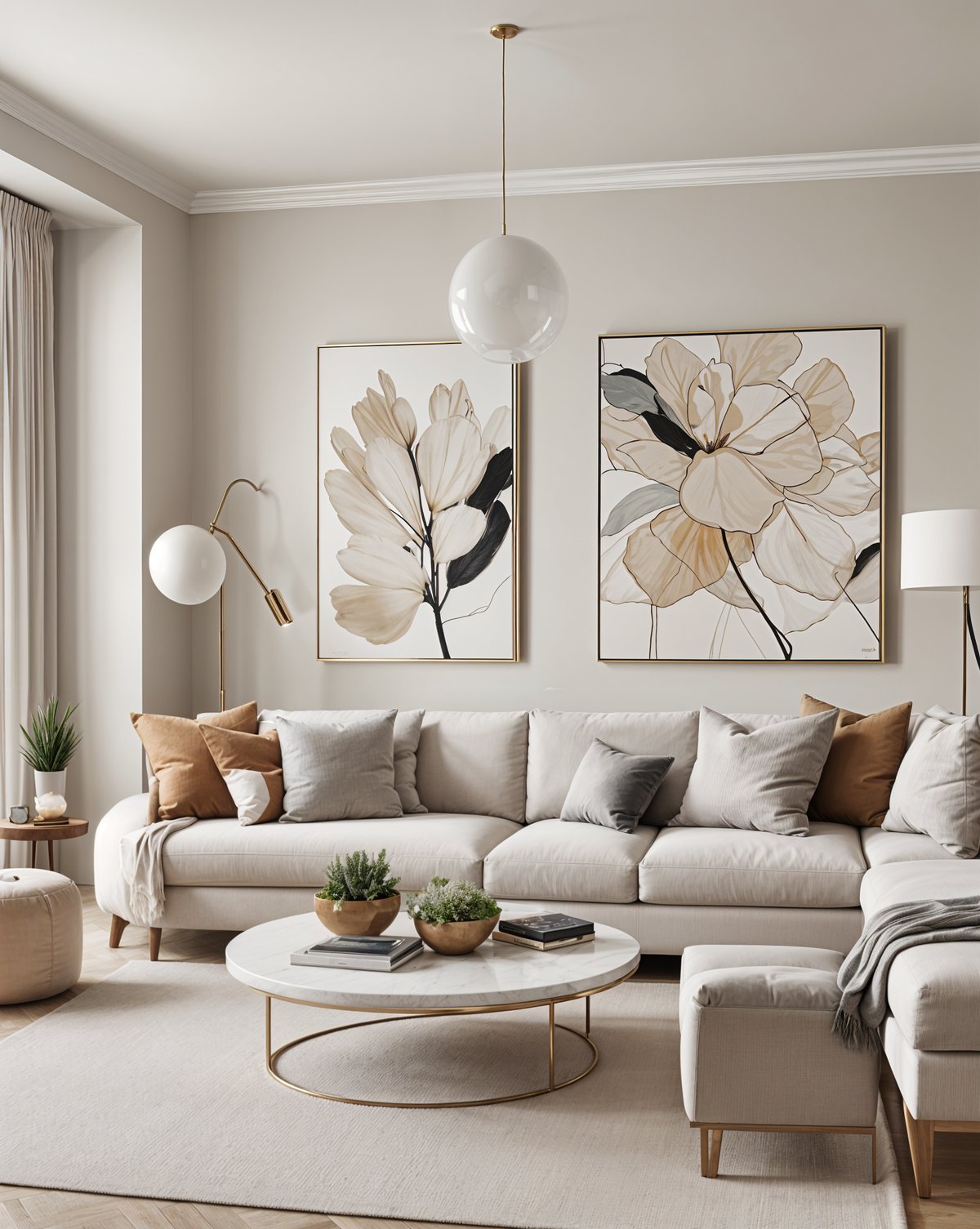 A contemporary living room with a large white couch, two paintings on the wall, and a round coffee table. The room is decorated with potted plants, vases, and books, creating a cozy and inviting atmosphere.