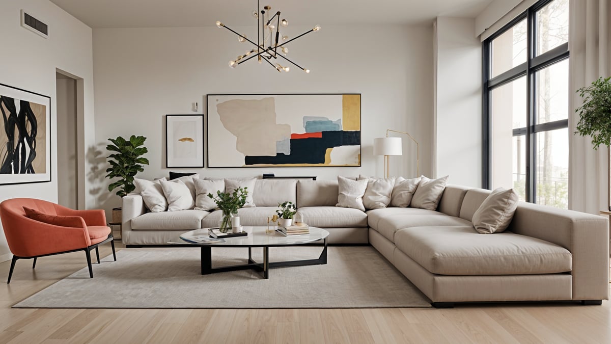 A contemporary living room with a large couch, a coffee table, and a painting on the wall. The room is decorated with white furniture and features a hardwood floor.