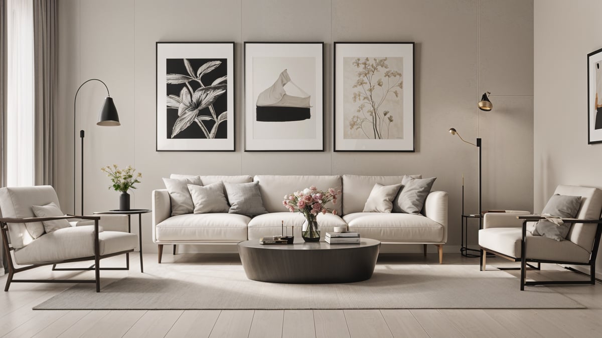 A contemporary living room with a couch, coffee table, and pictures on the wall.