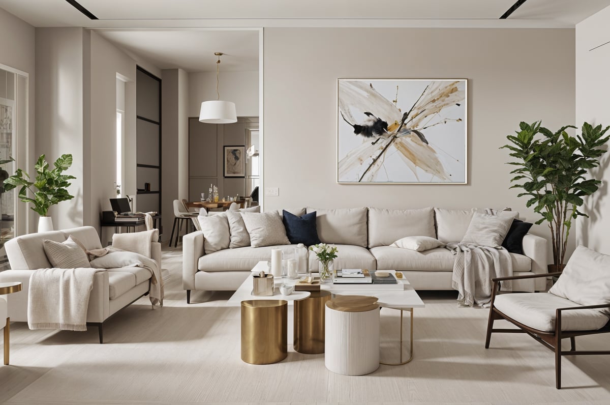 A contemporary living room with a large white couch, a coffee table, and a painting on the wall.