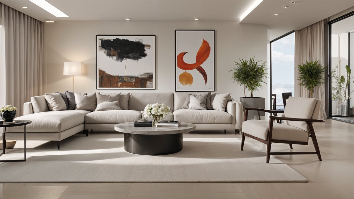 A contemporary living room with a couch, chair, coffee table, and artwork on the wall. The room is decorated with a rug and a potted plant.