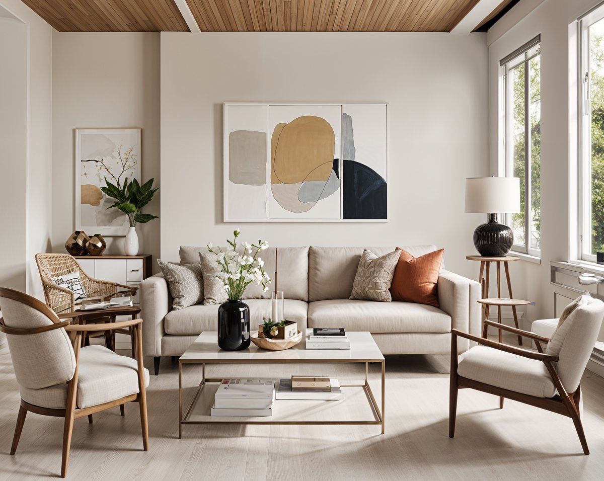 A contemporary living room with a large couch, coffee table, and chairs. A painting on the wall and a vase of flowers on the table.