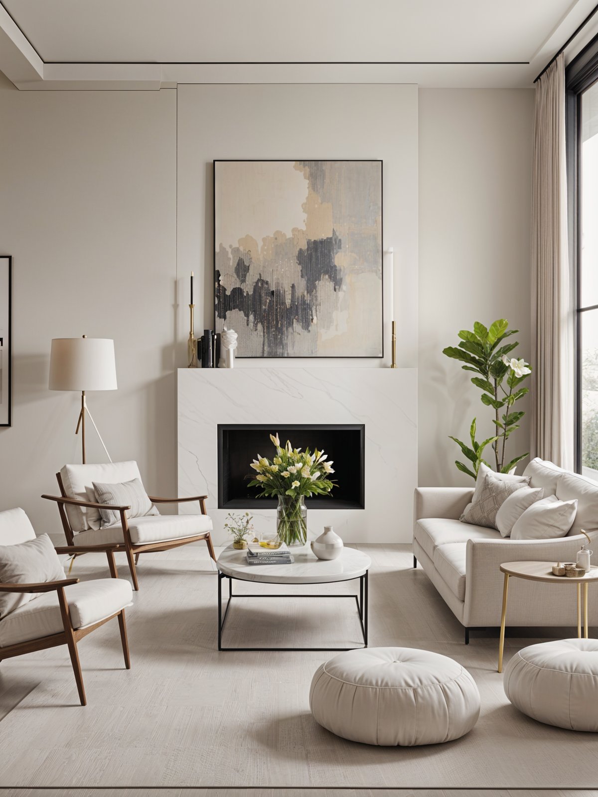 A contemporary living room with a fireplace and white furniture.