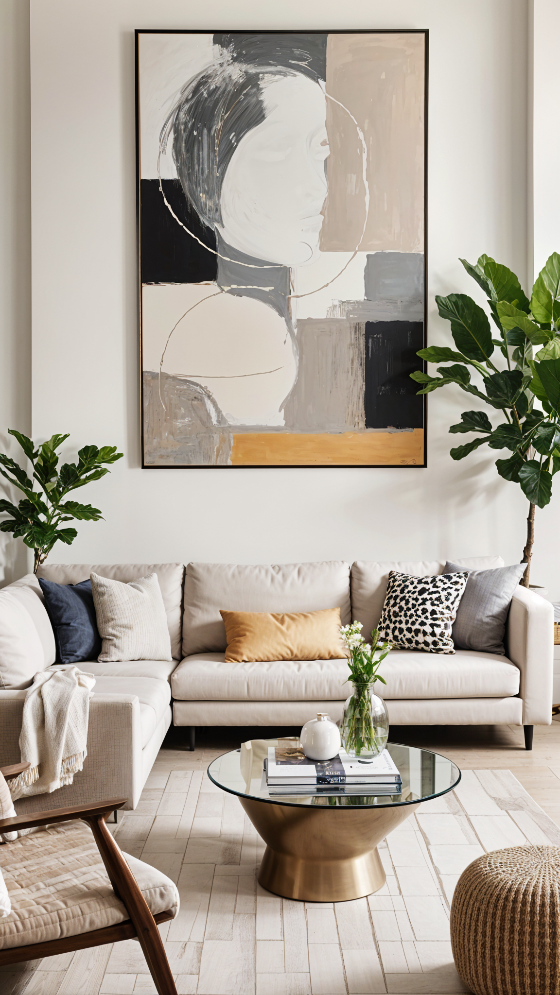 A living room with a contemporary design and a painting on the wall. The room is decorated with potted plants and vases.