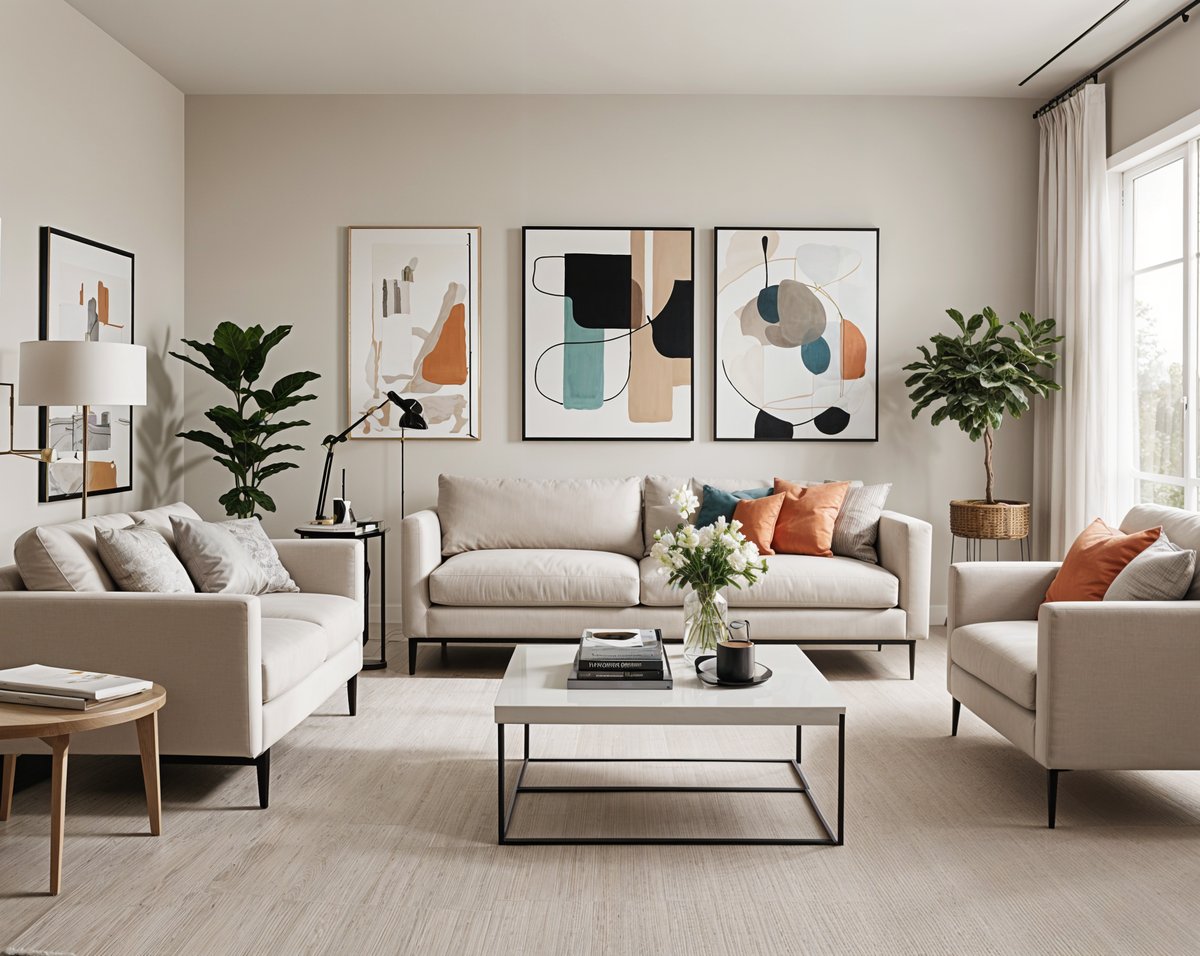 A contemporary living room with a large couch, a coffee table, and a few chairs. The room is decorated with three paintings on the wall, and there are potted plants and vases adding to the ambiance.