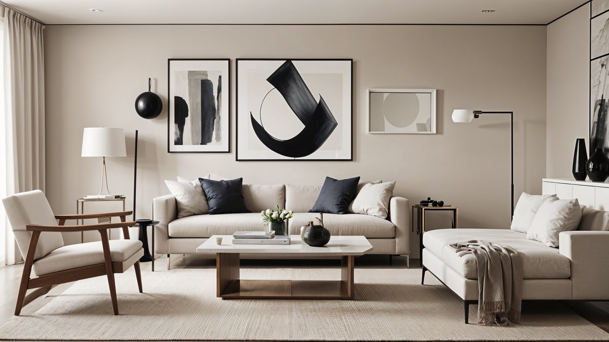 A contemporary living room with a white couch, coffee table, and artwork on the wall. The room is decorated with a rug and a vase with flowers. The couch is accompanied by a bench and a chair, creating a cozy and inviting atmosphere.