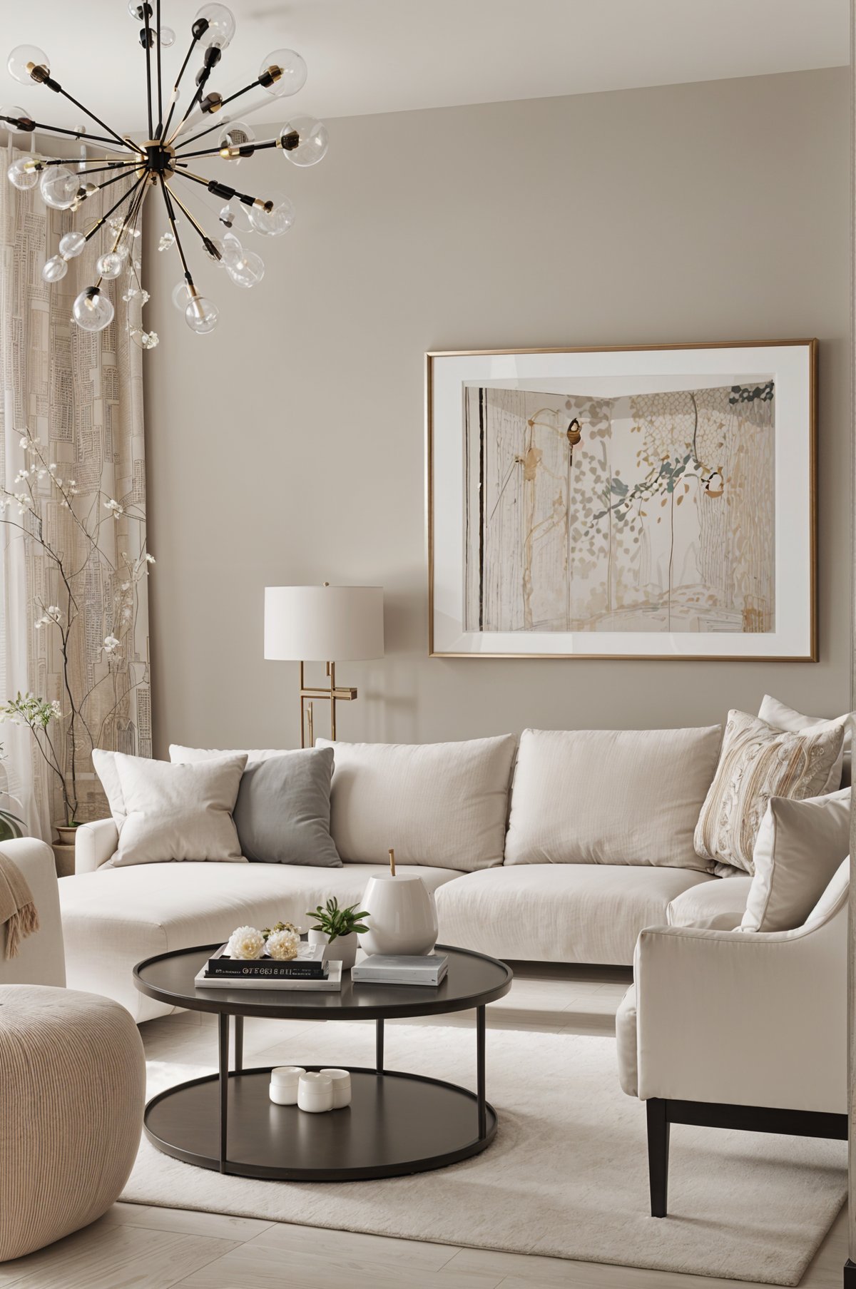 A contemporary living room with a white couch, a coffee table, and a painting on the wall. The room is decorated with white pillows and a vase with flowers. The couch is positioned in front of a window, allowing natural light to illuminate the space.