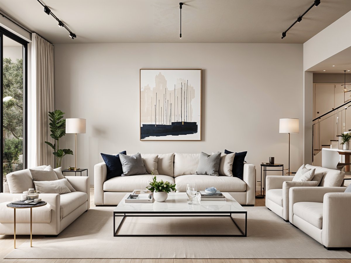 A living room with a white couch, a large painting on the wall, and a coffee table with books and a vase of flowers. The room is clean and well-organized, with a neutral color scheme that creates a comfortable and inviting atmosphere.