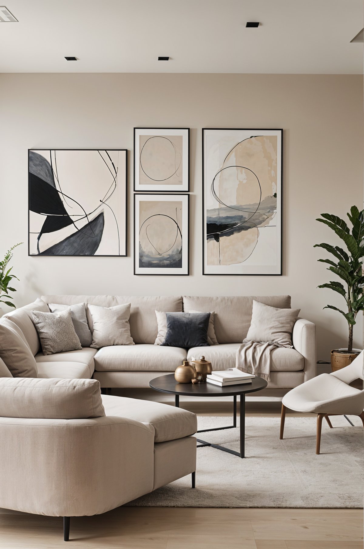 A contemporary living room with a couch, table, and pictures on the wall.