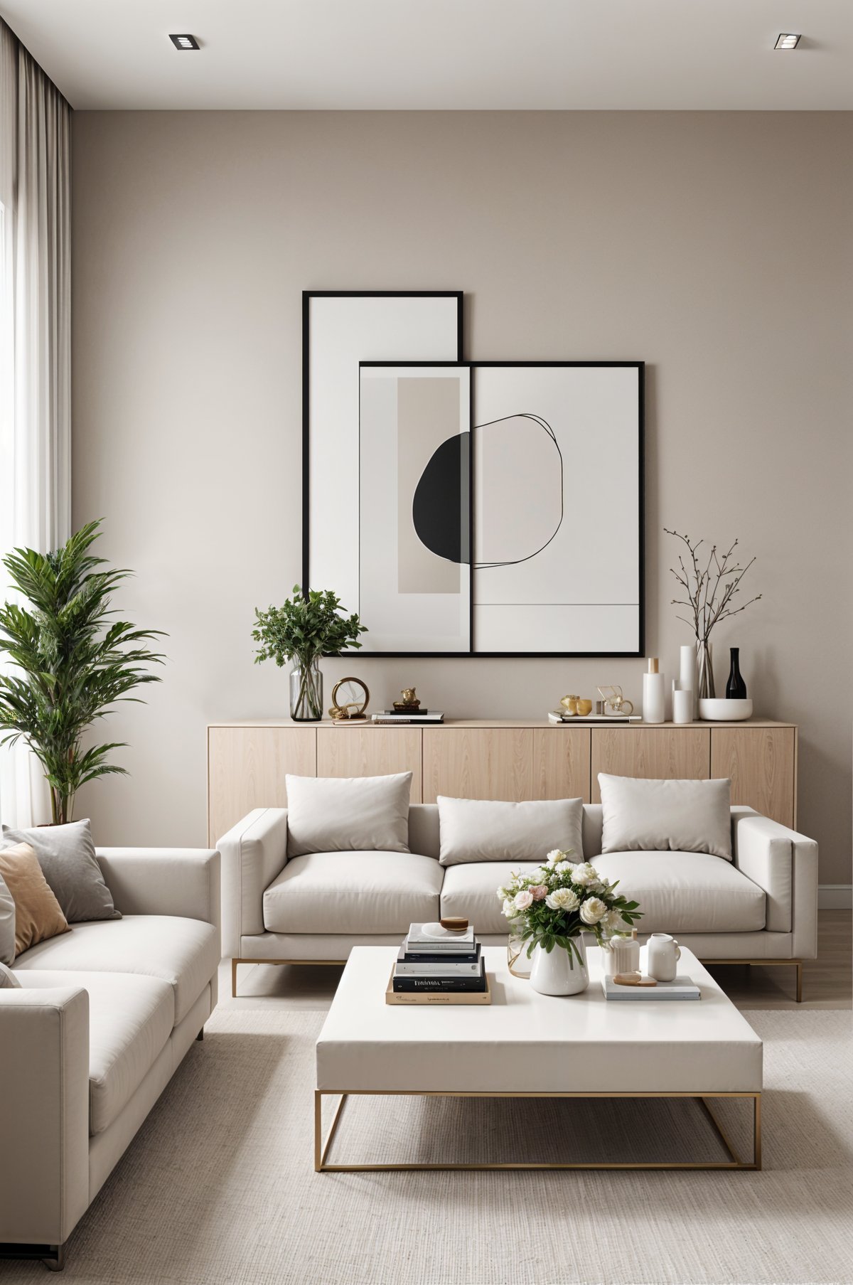 A contemporary living room with a white couch, a coffee table, and a painting on the wall. The room is decorated with potted plants and vases, creating a cozy and inviting atmosphere.