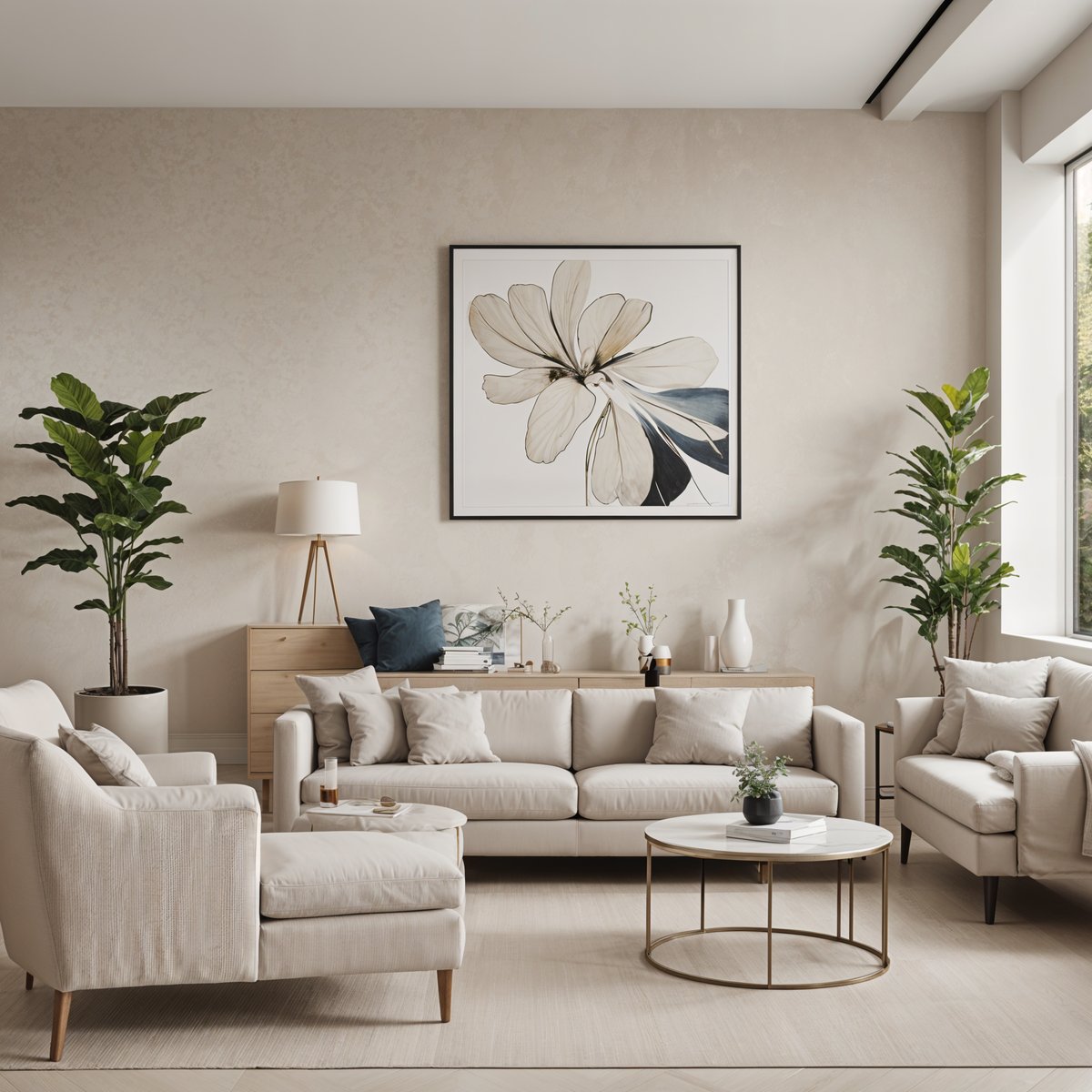 A living room with a couch, coffee table, and two potted plants. The room is decorated with a painting and a vase of flowers.