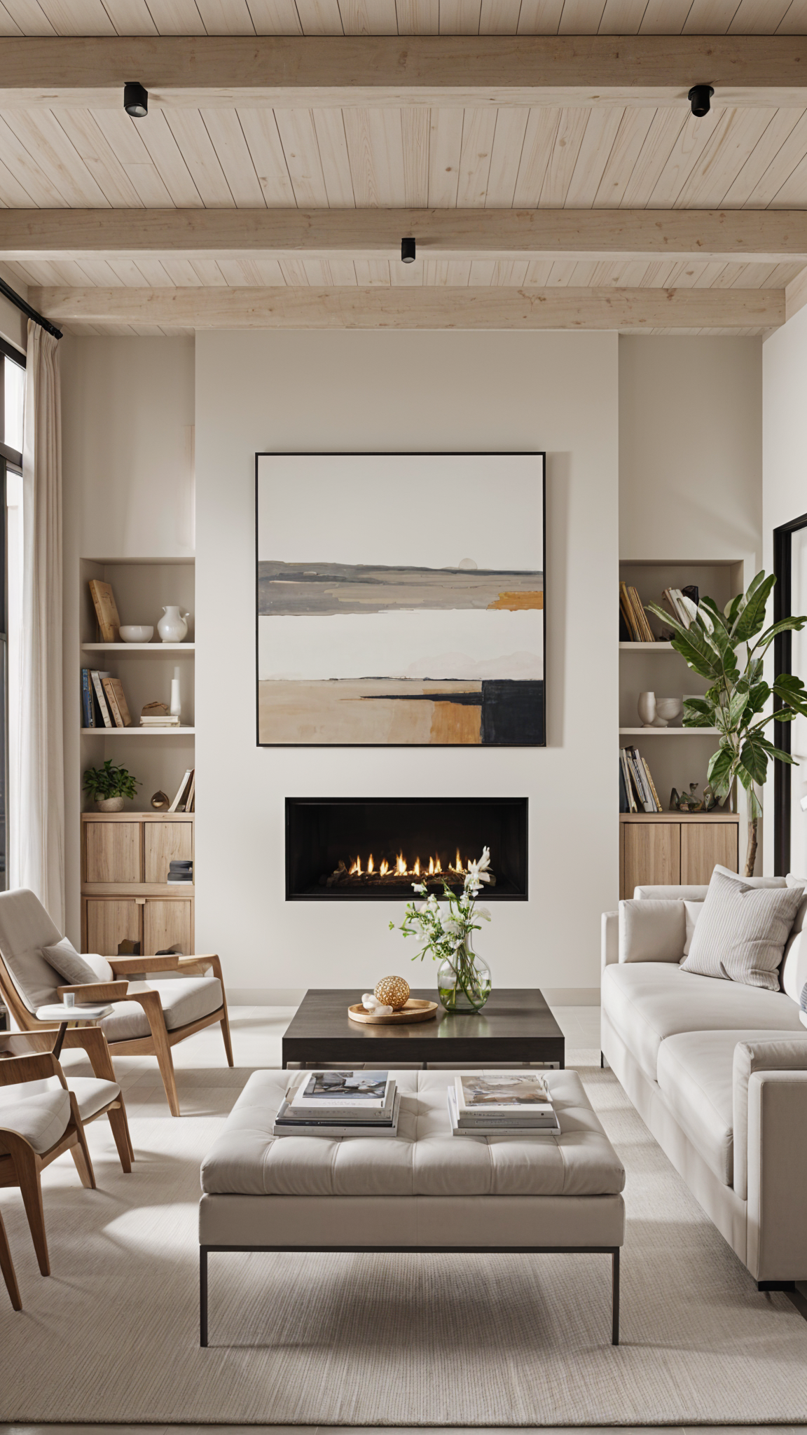 A contemporary living room with a fireplace and a painting on the wall.