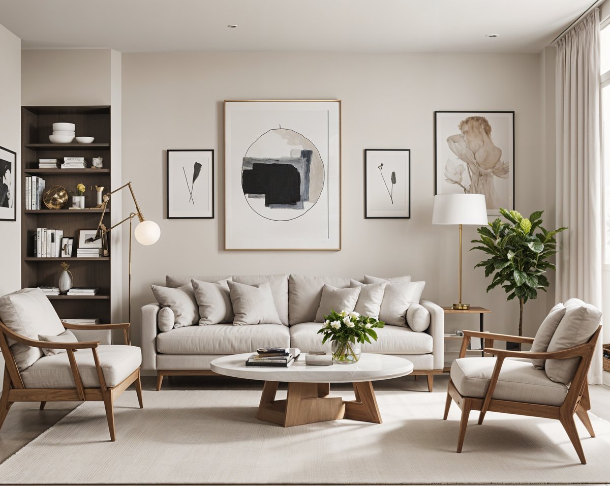 A contemporary living room with a white couch, coffee table, and potted plant. The room is decorated with artwork and features a large window.