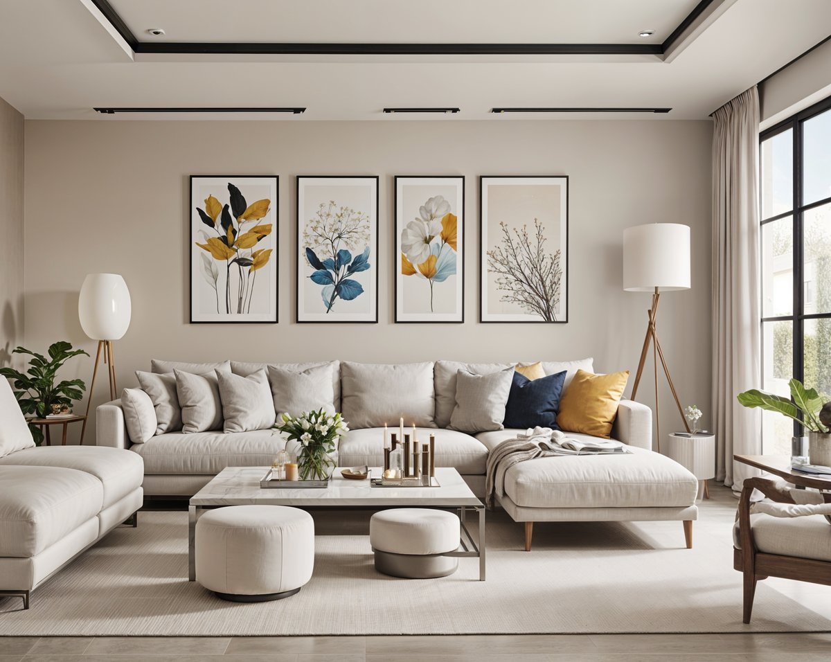 A contemporary living room with a large couch, a coffee table, and three pictures on the wall. The room is decorated in neutral colors and features a rug on the floor.