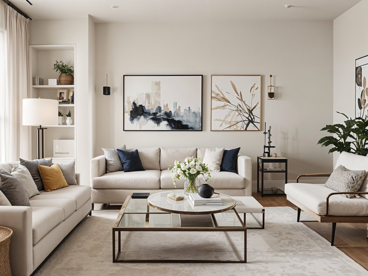 A contemporary living room with a white couch, a glass table, and a large painting on the wall.