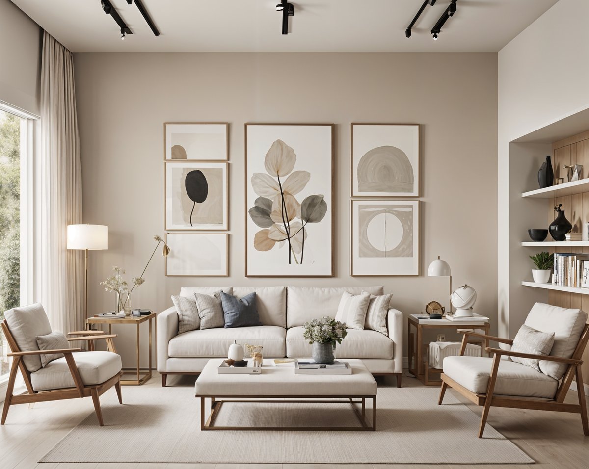 A contemporary living room with a white couch, coffee table, and three large paintings on the wall.