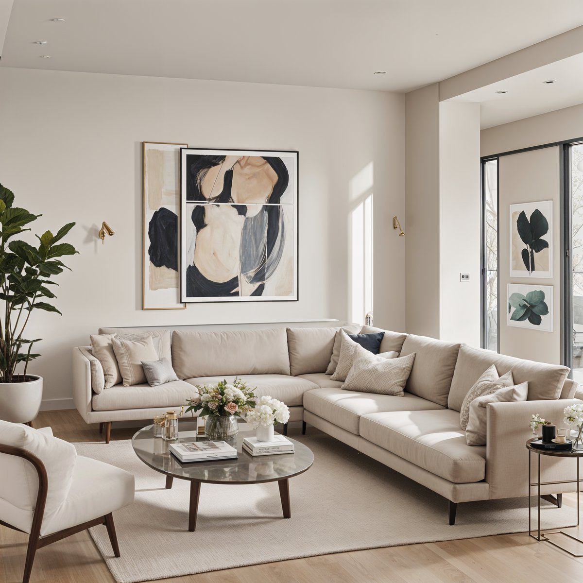 A contemporary living room with a large window, white couch, painting, potted plant, and a vase of flowers on a glass coffee table.