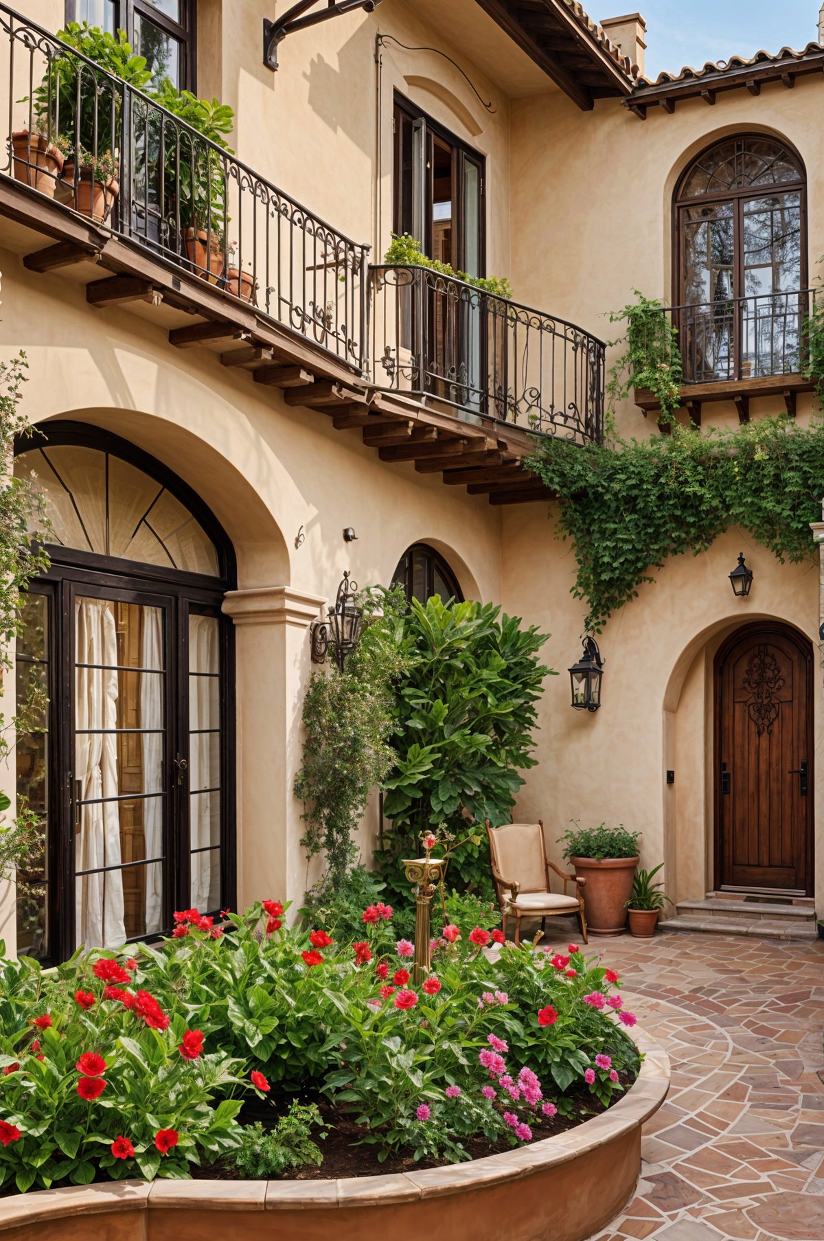 A house exterior with a balcony, red door, and a patio filled with potted plants and flowers.