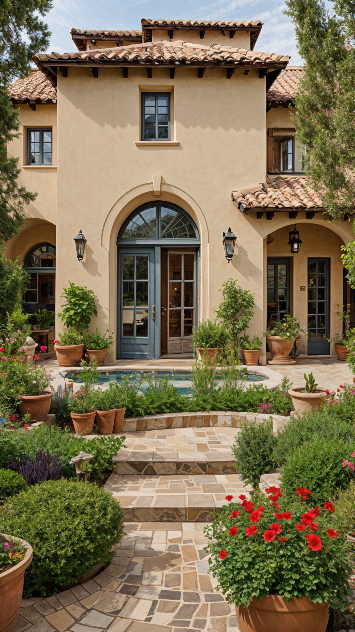 A beautiful Spanish style house with a garden and swimming pool. The garden is filled with potted plants and flowers, creating a lush atmosphere.