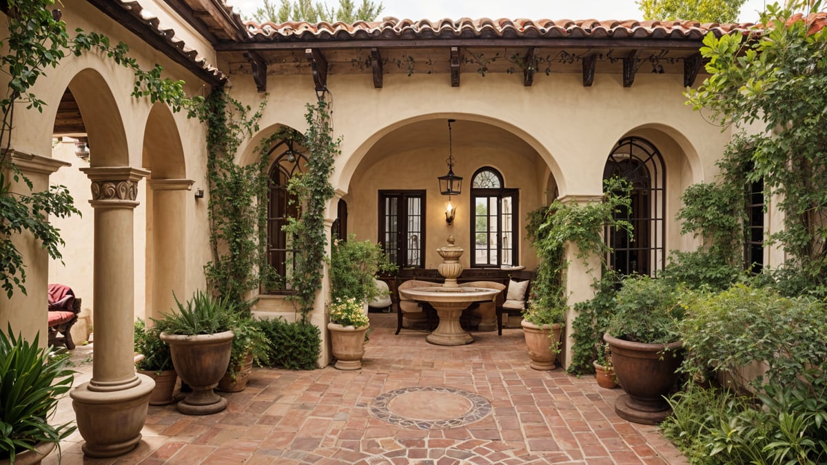 A Spanish style house with a courtyard in the middle, surrounded by potted plants and a fountain.