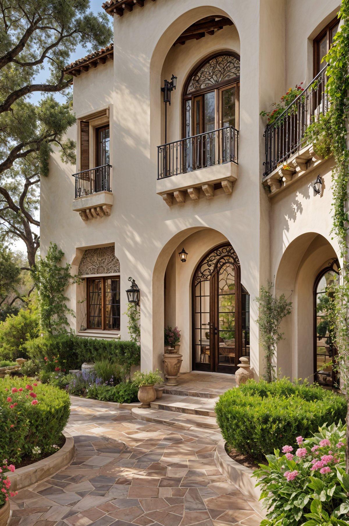 A Spanish style house with a large front porch, a balcony, and a doorway. The house is surrounded by a lush garden with many potted plants and vases.