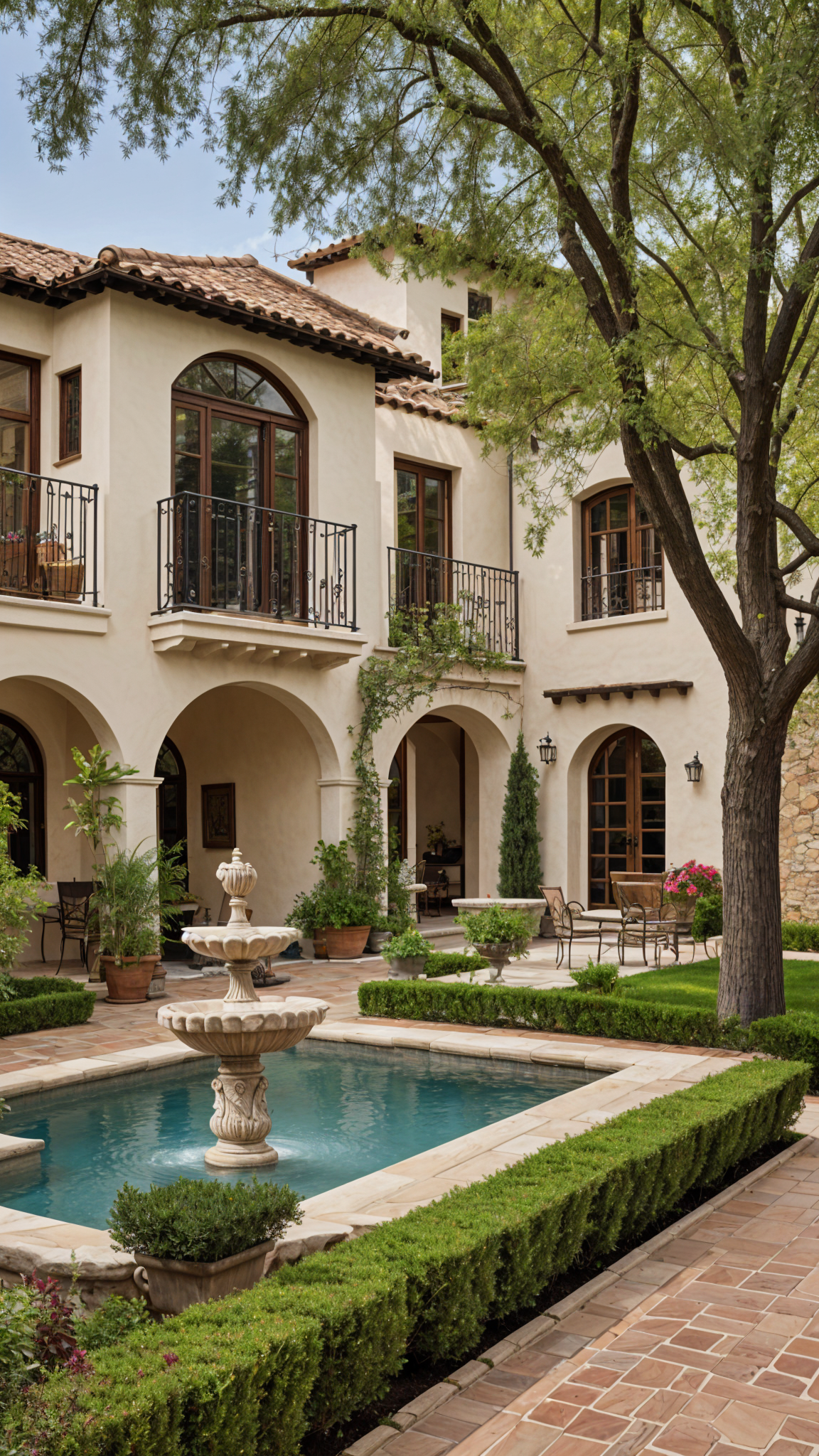 A Spanish style house with a fountain in the courtyard. The house has a large patio with a swimming pool and a gazebo.