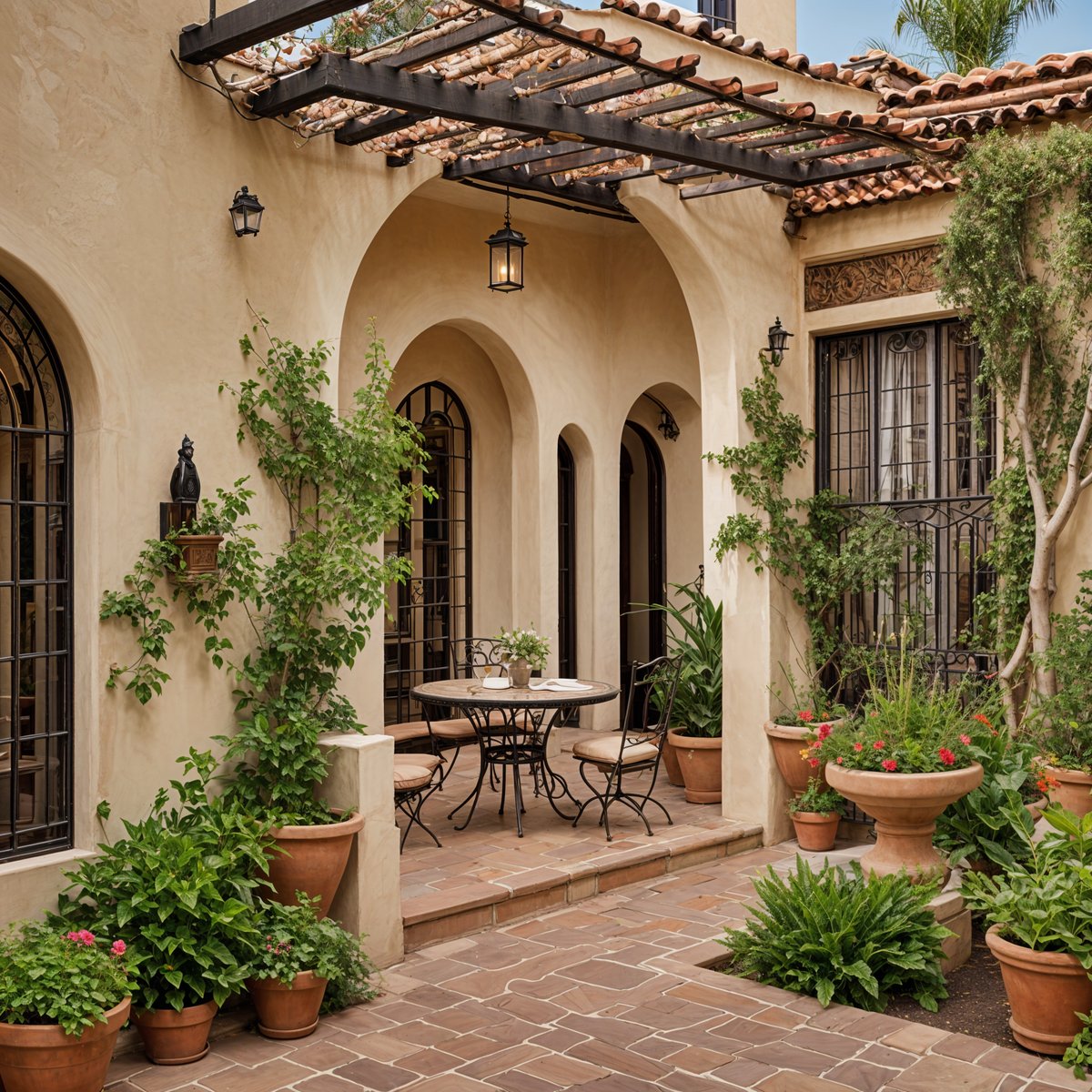 A house exterior with a patio and dining table, surrounded by potted plants. The house has a Spanish style design with arched doorways and a tiled roof.