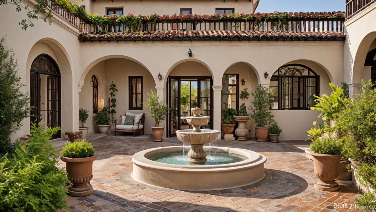 A Spanish style house with a red tile roof and a brick patio. The courtyard features a water fountain surrounded by potted plants.