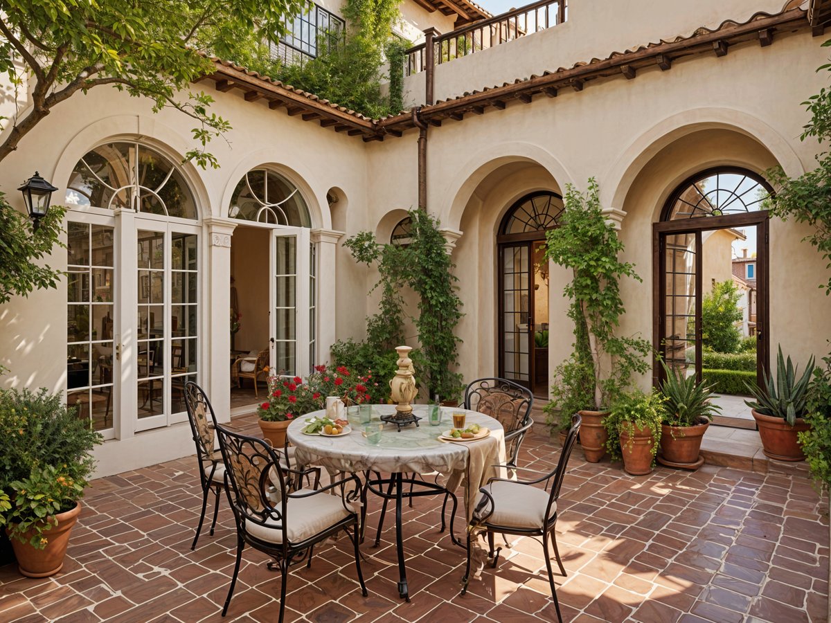 Outdoor dining area with a table, chairs, and potted plants