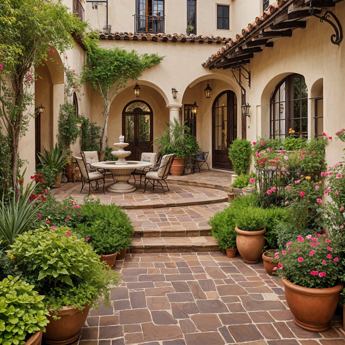 Spanish style house with a courtyard and a fountain, surrounded by potted plants and flowers.