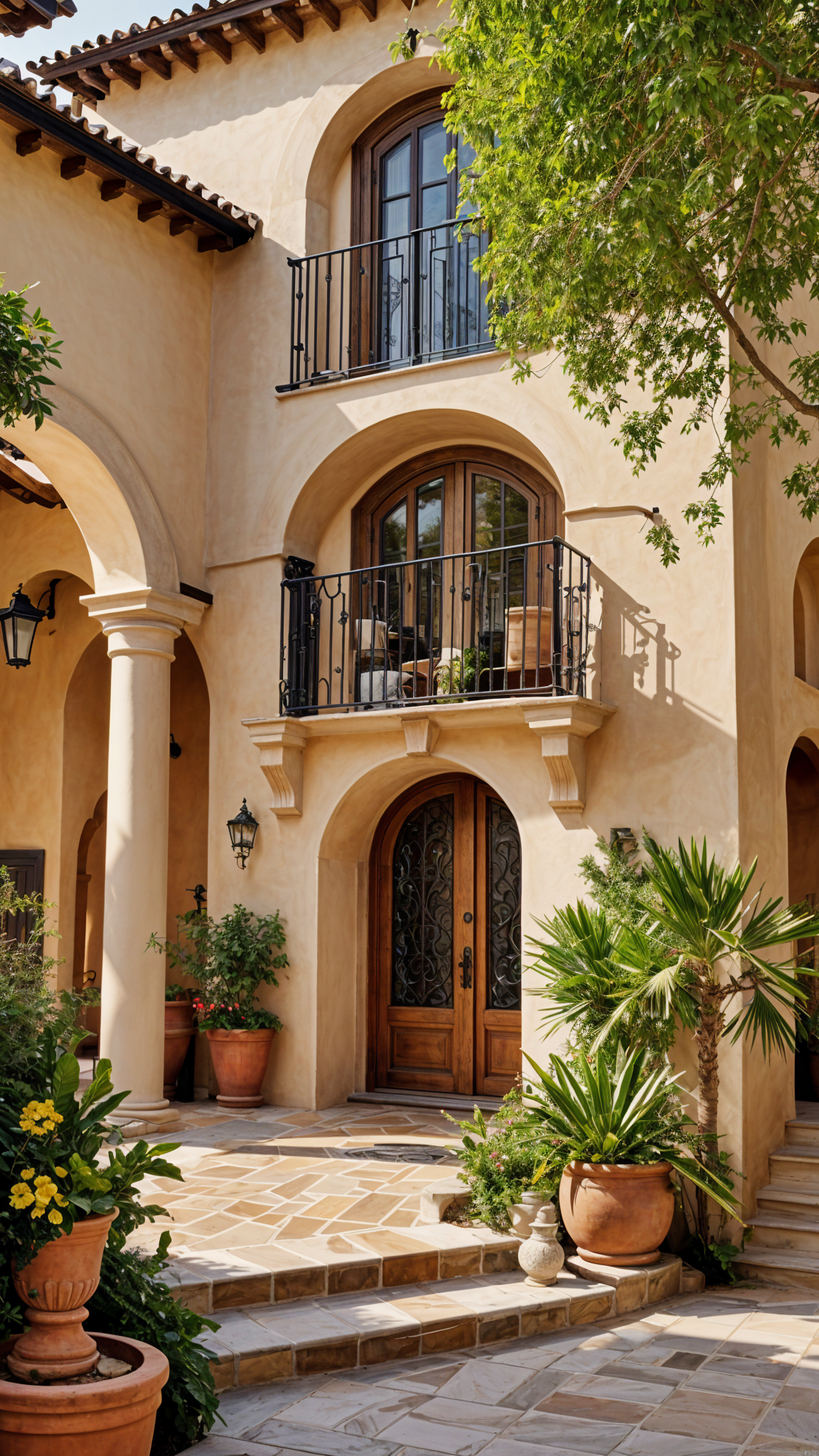 Spanish-style house with red door and balcony