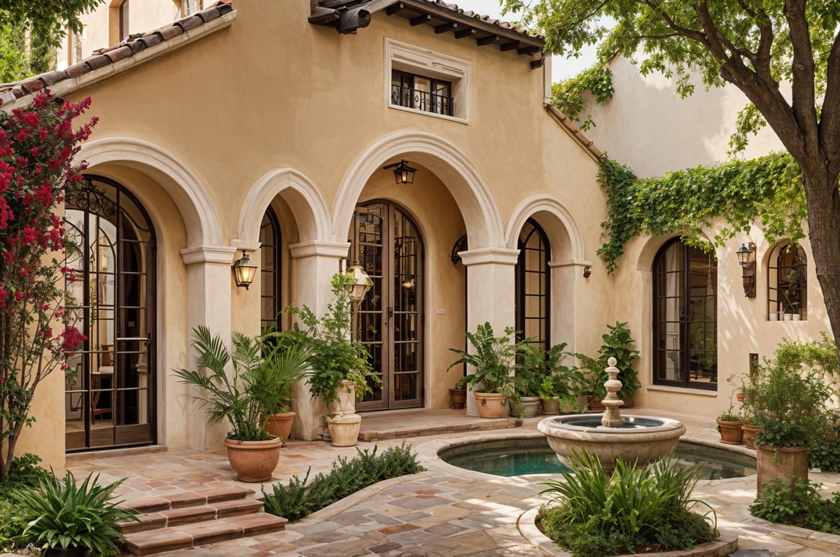 A Spanish style house with a fountain and potted plants in the front yard.