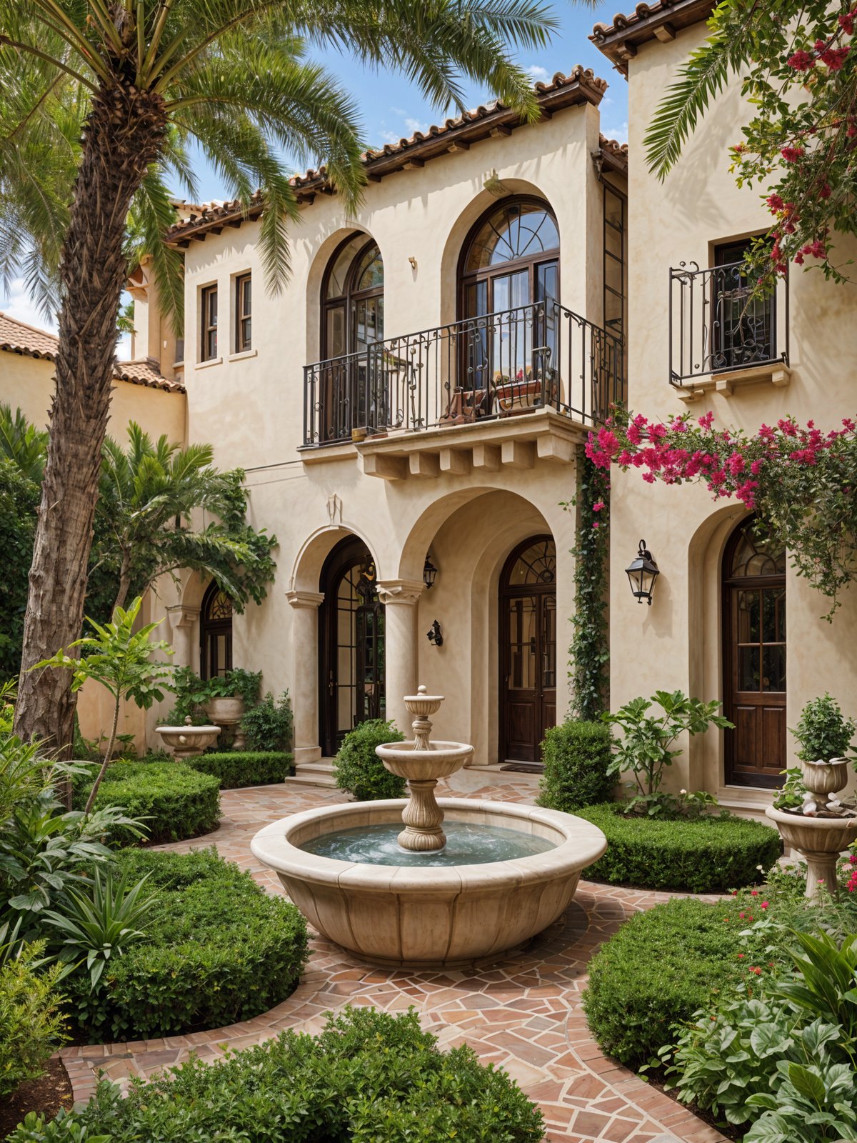 A Spanish style house with a fountain in the center of the courtyard, surrounded by greenery and a wrought iron balcony.