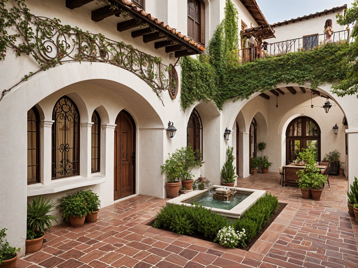 A house with a Spanish style design and a fountain in the front yard.